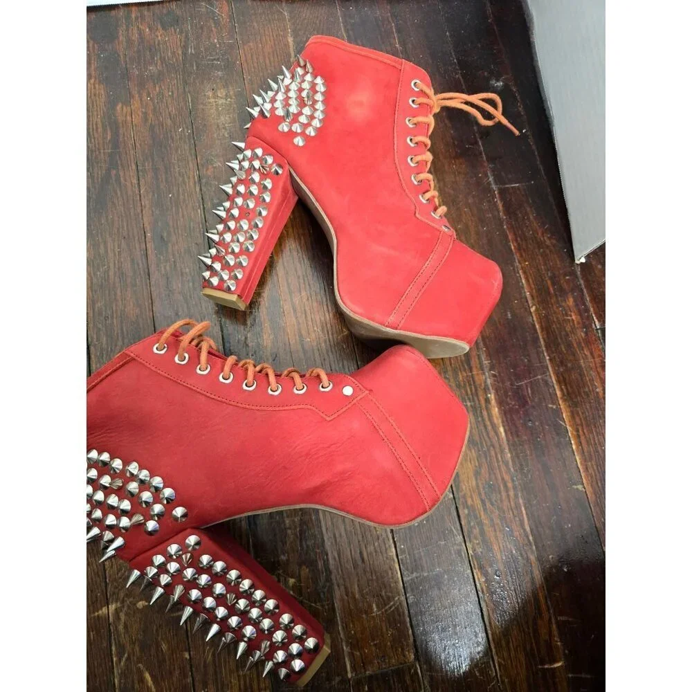 Jeffrey Campbell Red Spiked Lita Platform Lace Up Bootie